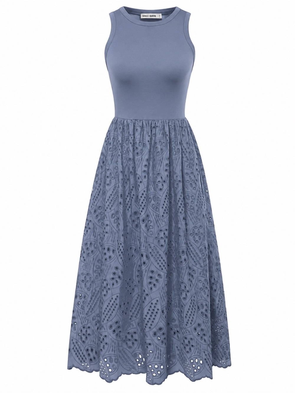NWOT Grace Karin Dusty Blue Sleeveless Eyelet Midi Dress with Pockets